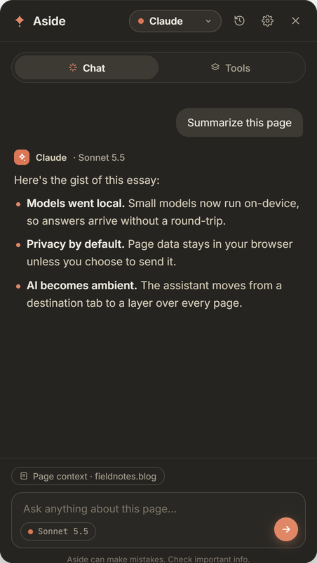 Aside sidebar summarizing an article with Claude Sonnet 5.5