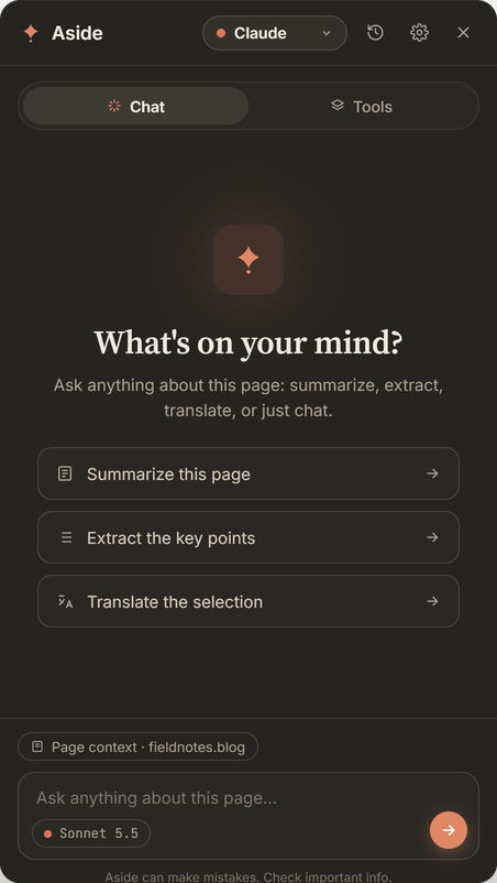 Aside sidebar with quick actions for the current page