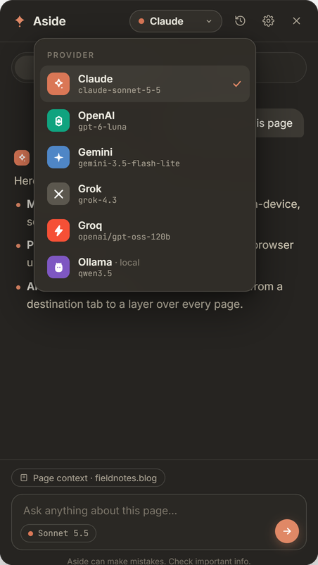 Provider menu listing Claude, OpenAI, Gemini, Grok, Groq and Ollama